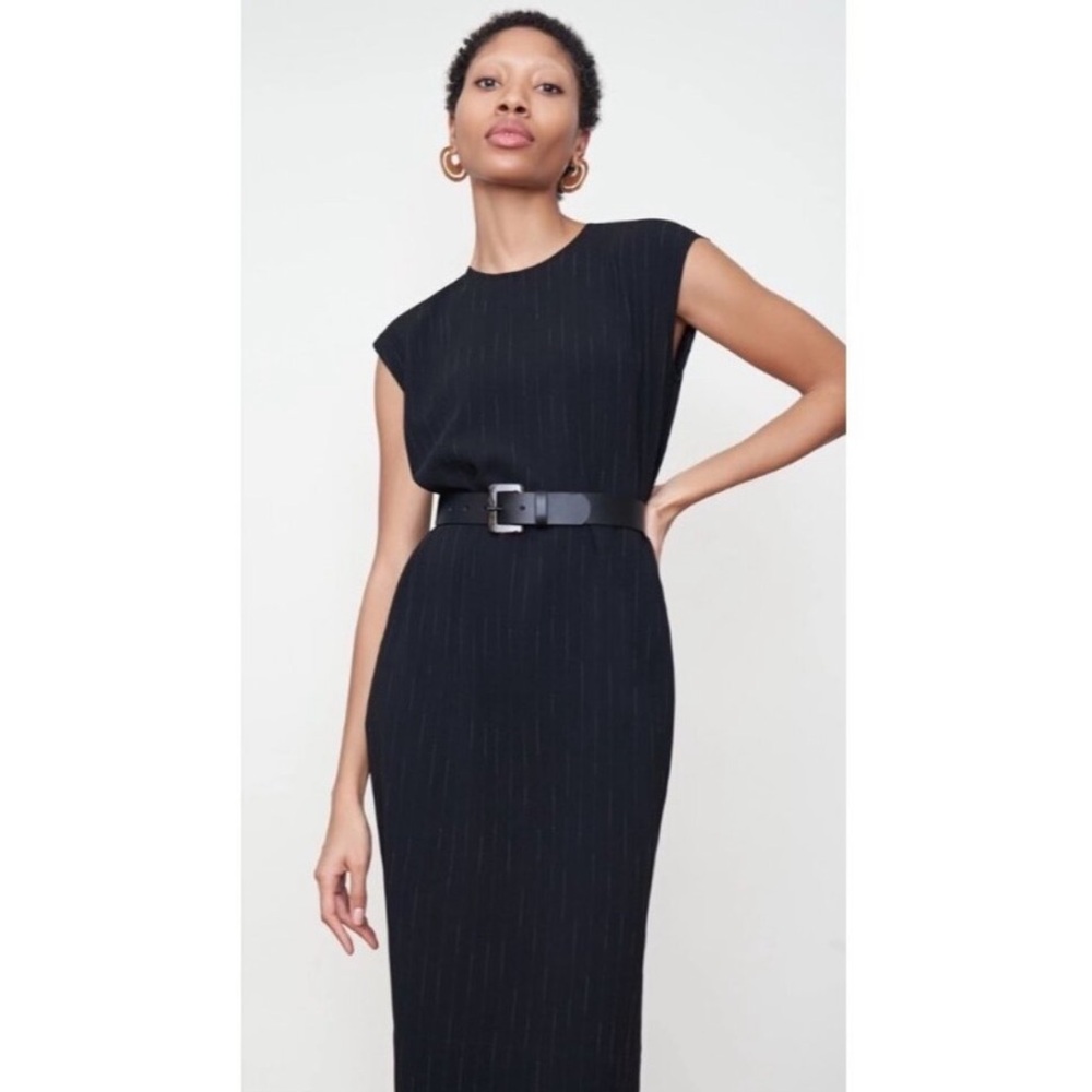 MM Lafleur Doris Black Faded Pinstripe Midi Shift Dress